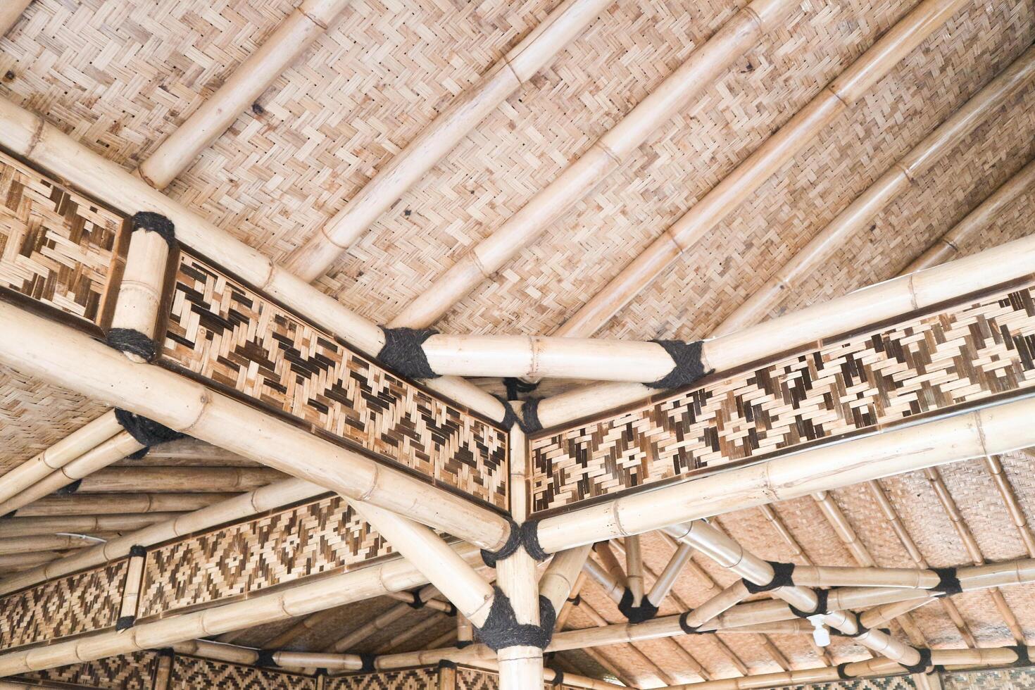 This captivating image features the intricate beauty of a bamboo roof frame supporting a charming gazebo. photo