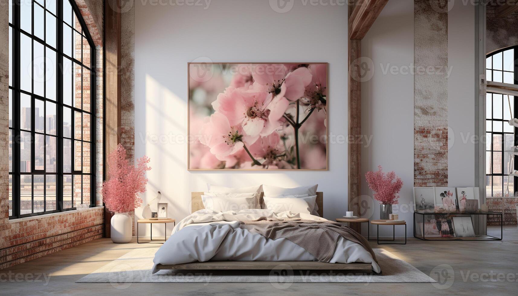 AI generated Modern bedroom with comfortable bed, elegant decor, and cozy atmosphere generated by AI photo