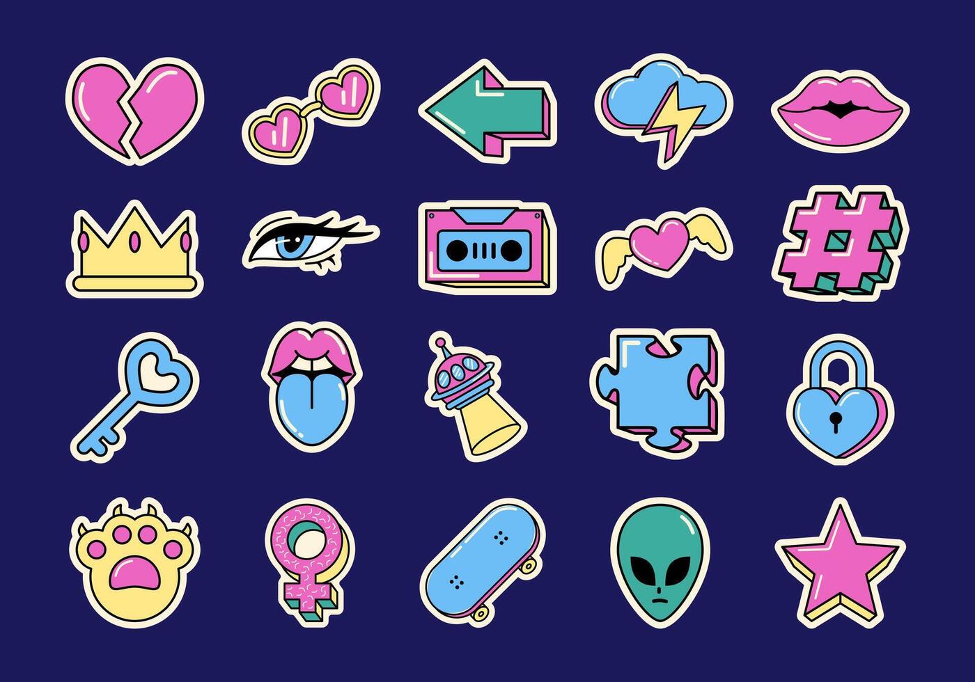 Retro 90s Sticker Element Set vector