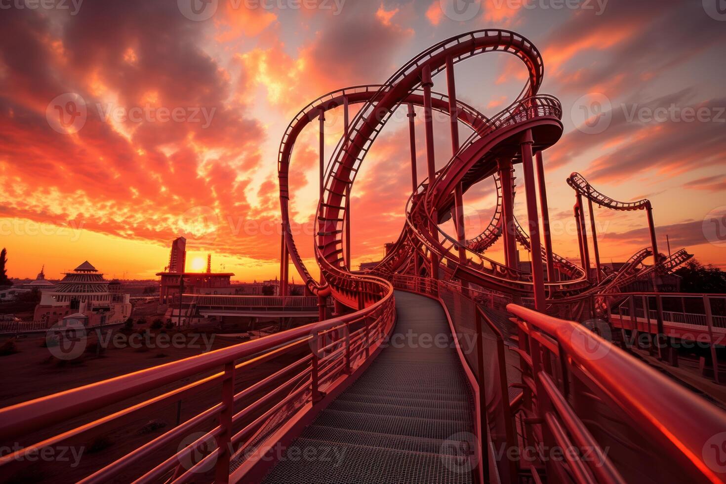 AI generated Roller coaster sunset. Generate Ai photo