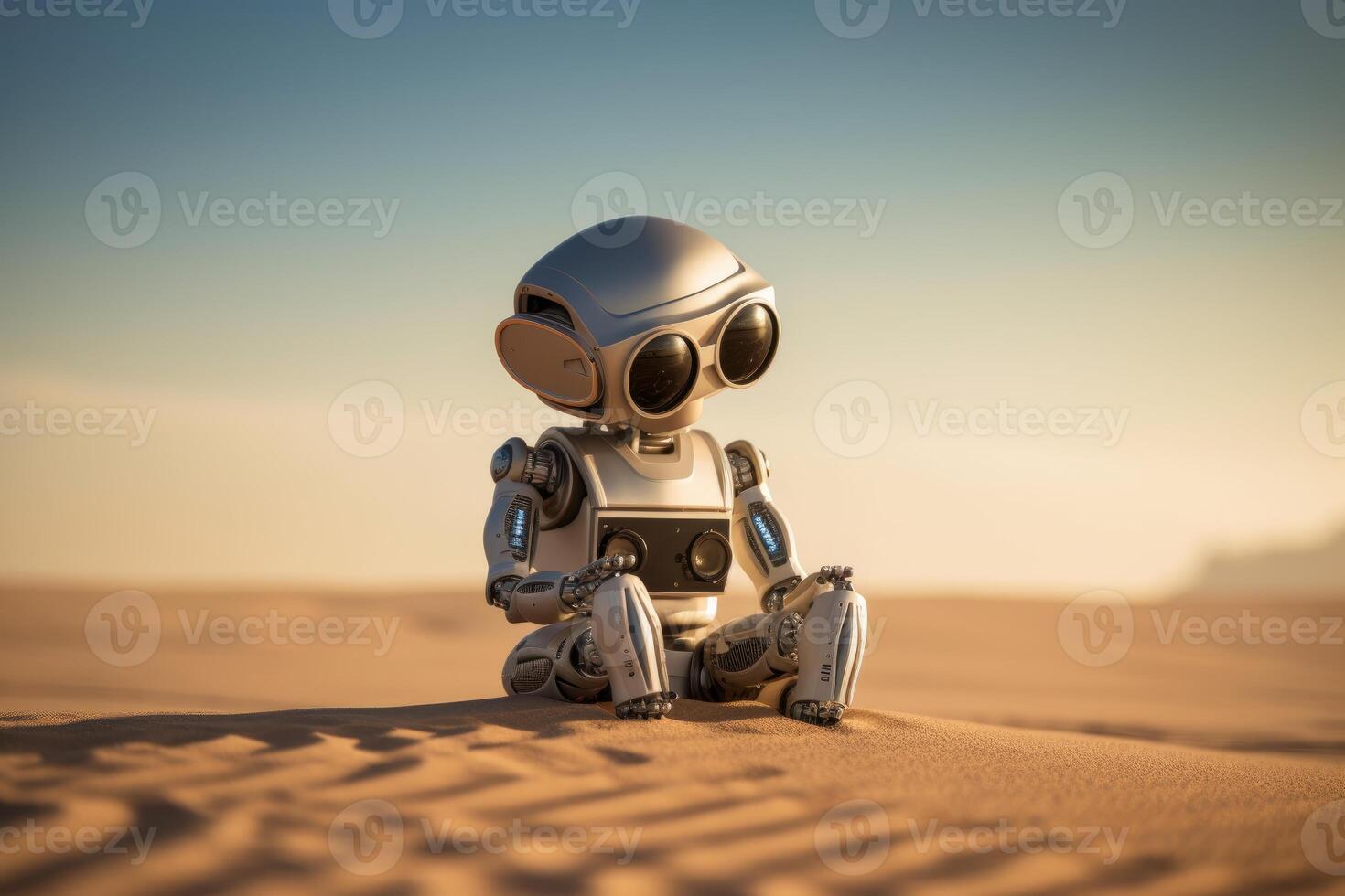 AI generated Robot doing yoga on beach. Generate Ai photo
