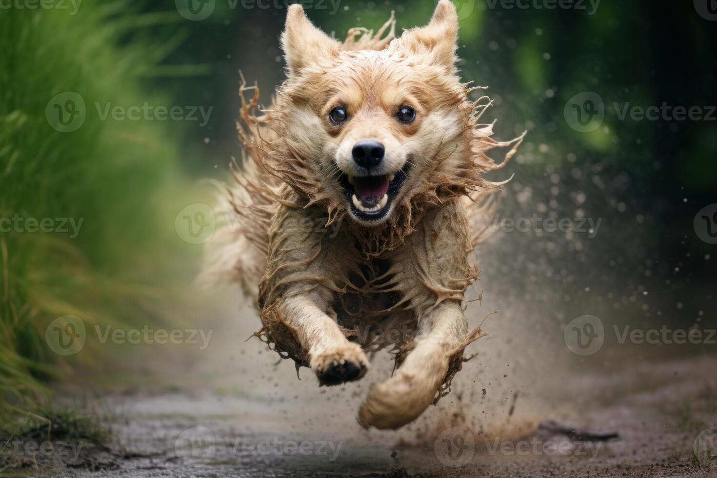 AI generated Running funny fluffy dog in summertime. Generate ai photo