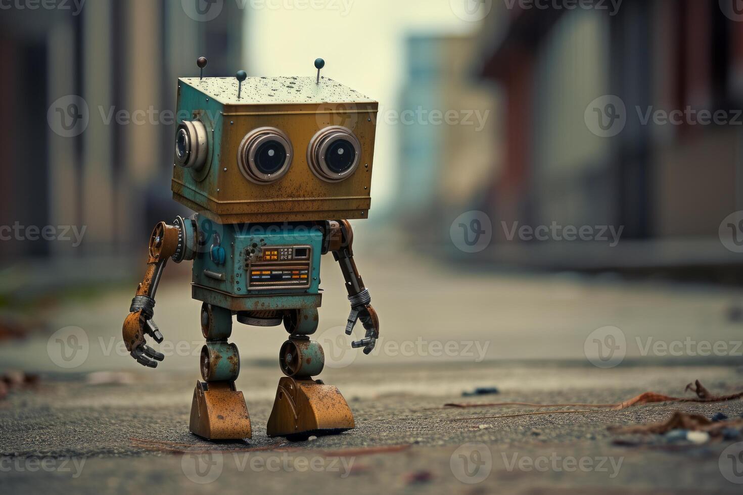 AI generated Robot character on street. Generate Ai photo