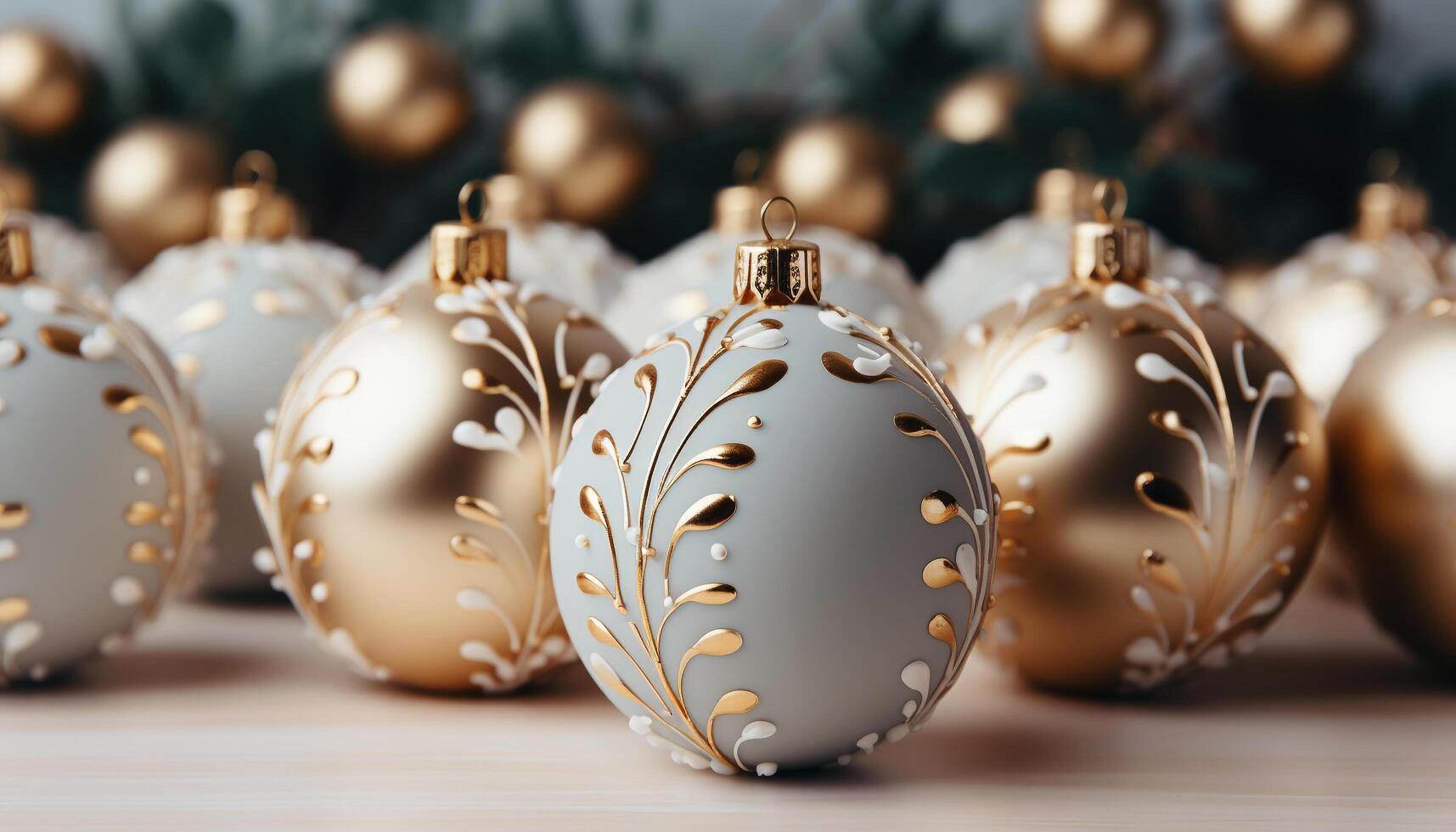 AI generated Joyful celebration with shiny gold Christmas ornaments on a winter background generated by AI photo