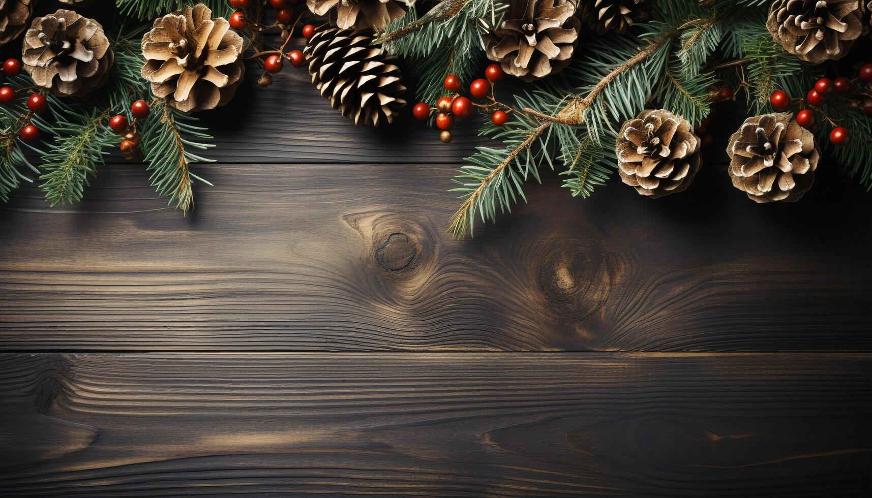 AI generated Rustic wood table with gift, fir tree, and snowflake decoration generated by AI photo