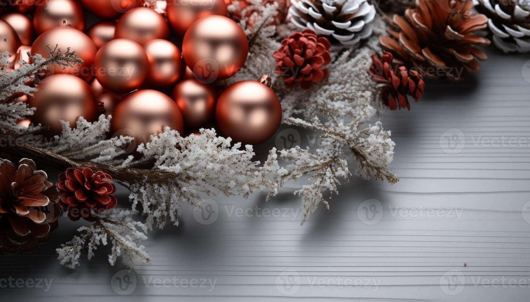 AI generated Christmas ornament decorating a modern wooden table with winter background generated by AI photo