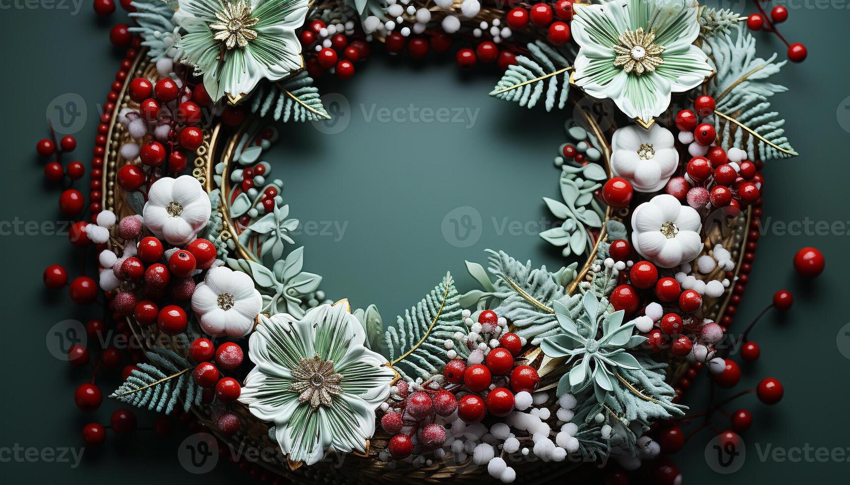 AI generated Winter celebration gift of nature, holly wreath, snowflake ornament generated by AI photo