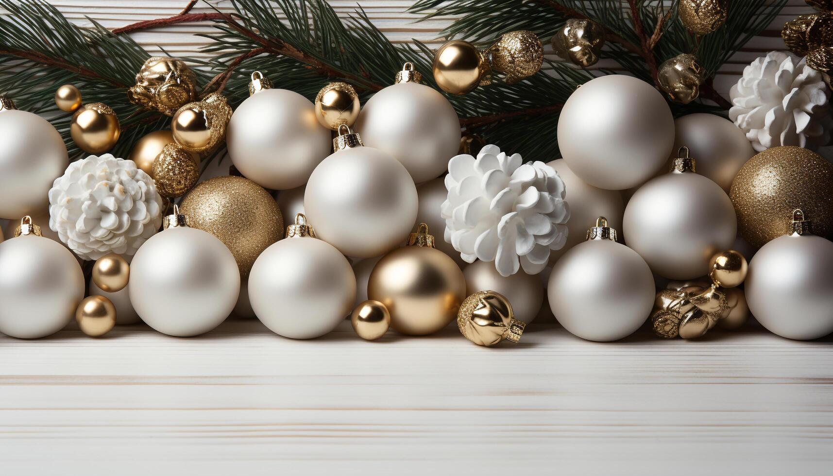 AI generated Christmas ornament decoration on a winter background, shiny gold ball generated by AI photo
