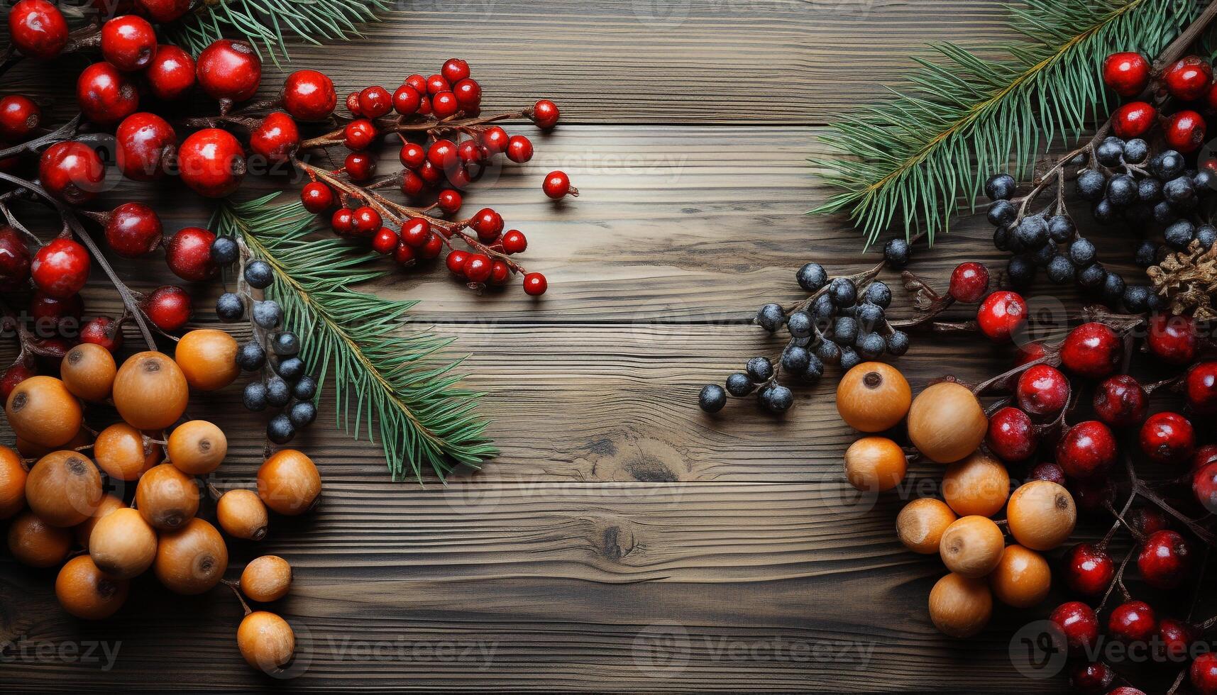 ai generado de madera mesa decorado con rústico Navidad adornos y Fresco acebo generado por ai foto