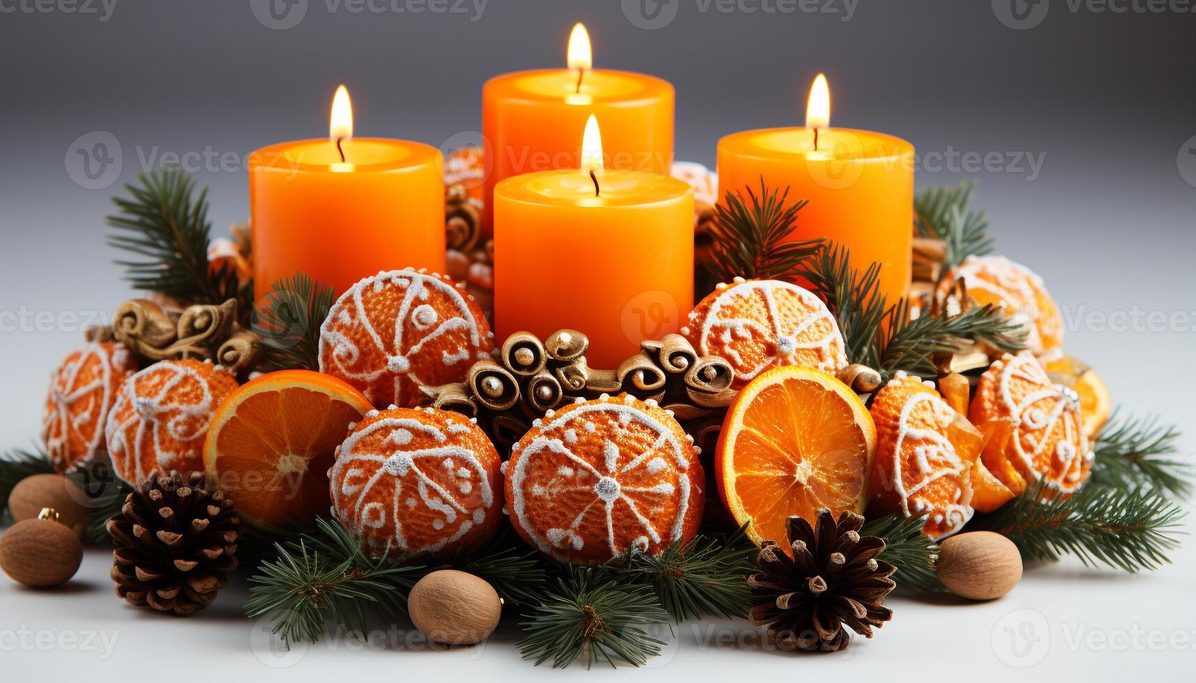 ai generado invierno celebracion luz de una vela, naranja fuego, Navidad ornamento, ardiente pino cono generado por ai foto