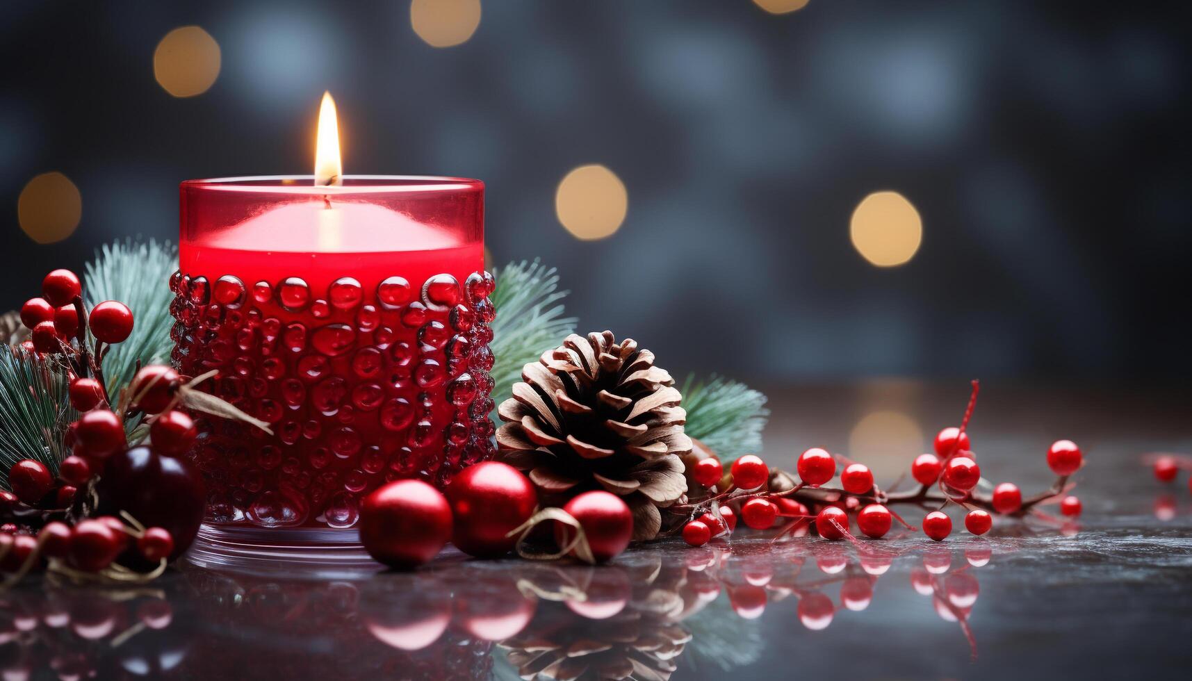 AI generated Winter celebration candle flame illuminates Christmas tree on table generated by AI photo
