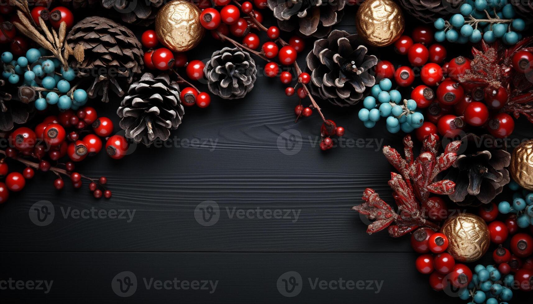 AI generated Christmas tree decoration on wooden plank with snowflake pattern generated by AI photo