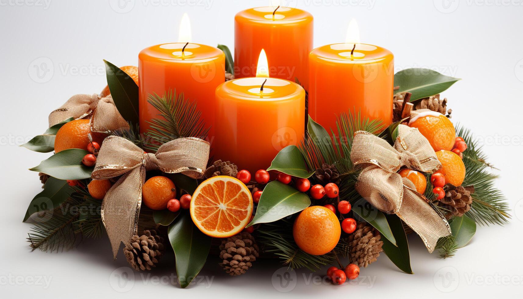 AI generated Winter celebration candlelight, pine cone, orange decoration, white background generated by AI photo