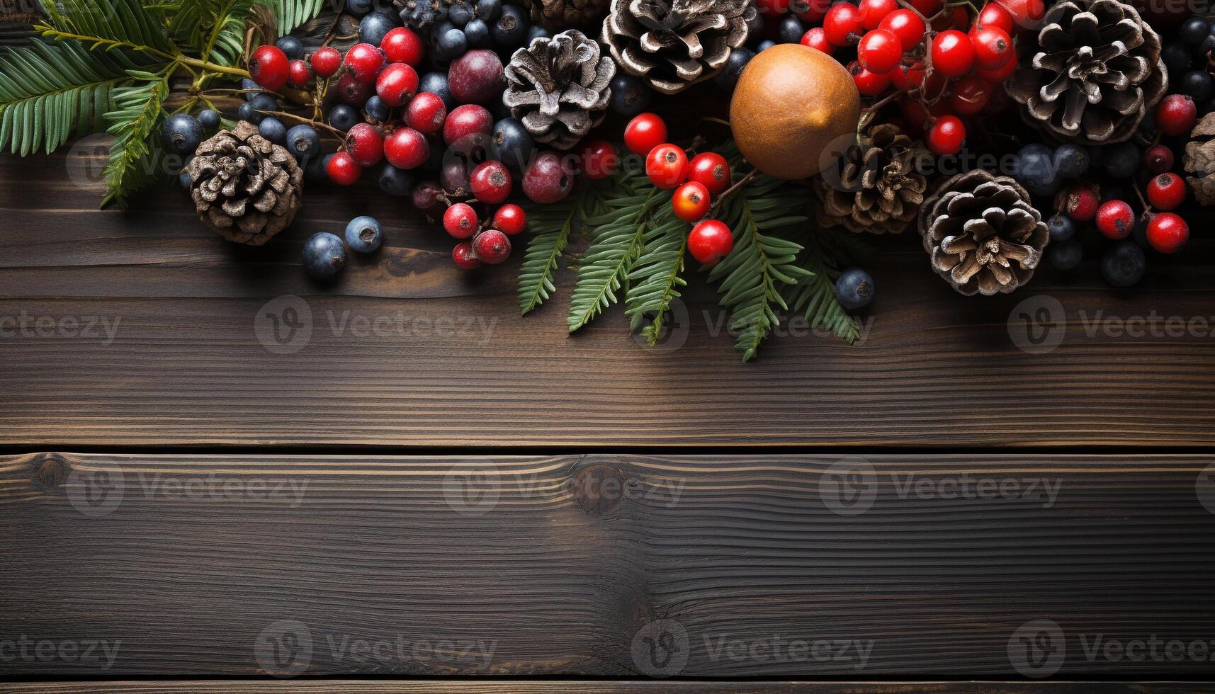 ai generado de madera mesa decoración para invierno celebracion con pino cono y hoja generado por ai foto