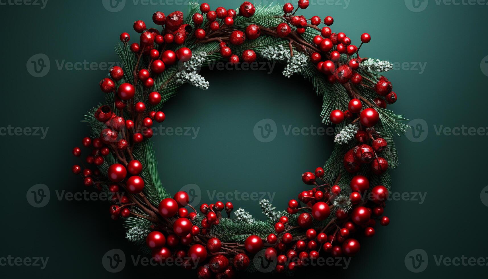 AI generated Winter celebration gift of nature, shining wreath on Christmas tree generated by AI photo