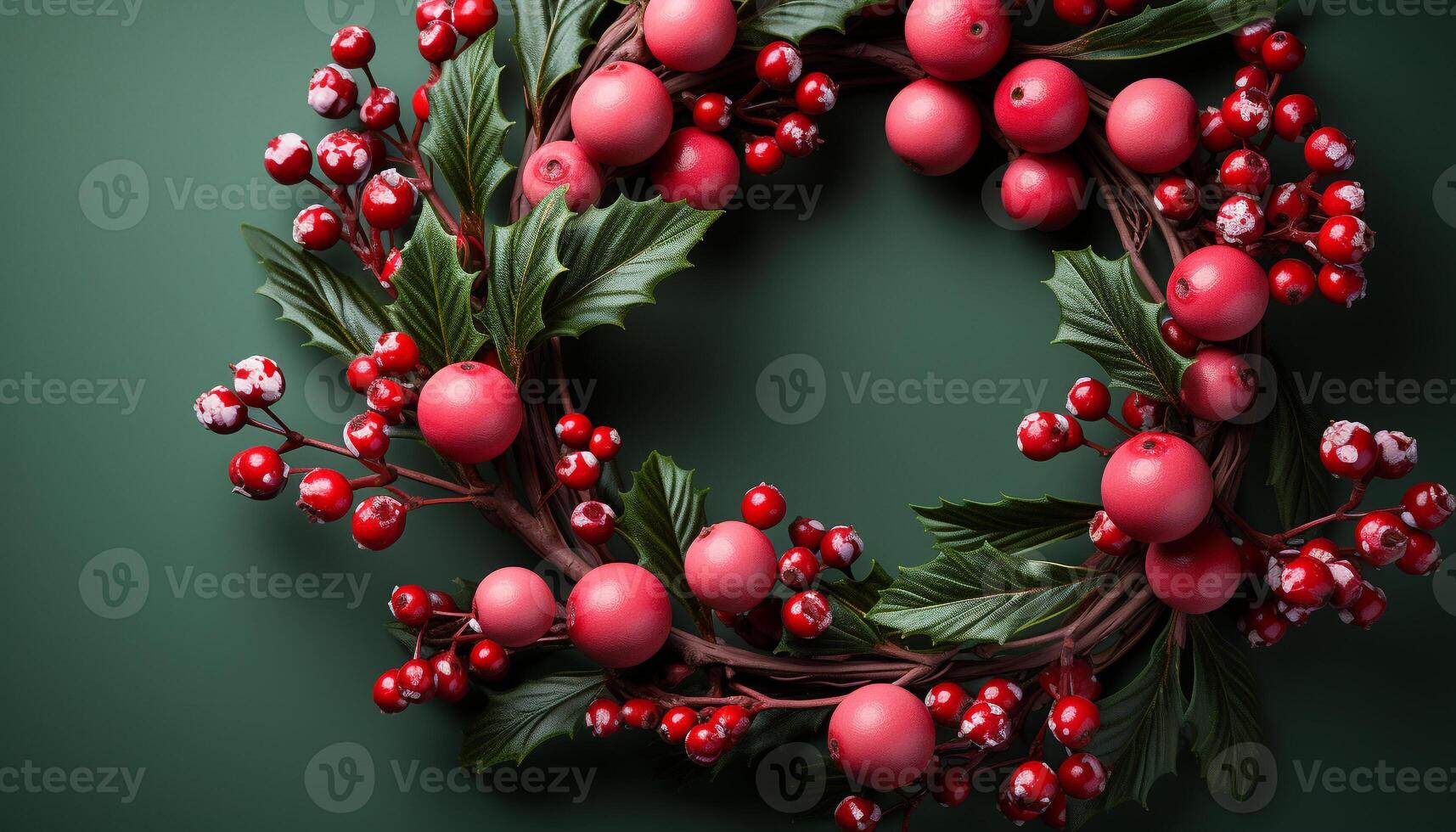 AI generated Winter celebration holly wreath, gift, and Christmas ornament decoration generated by AI photo