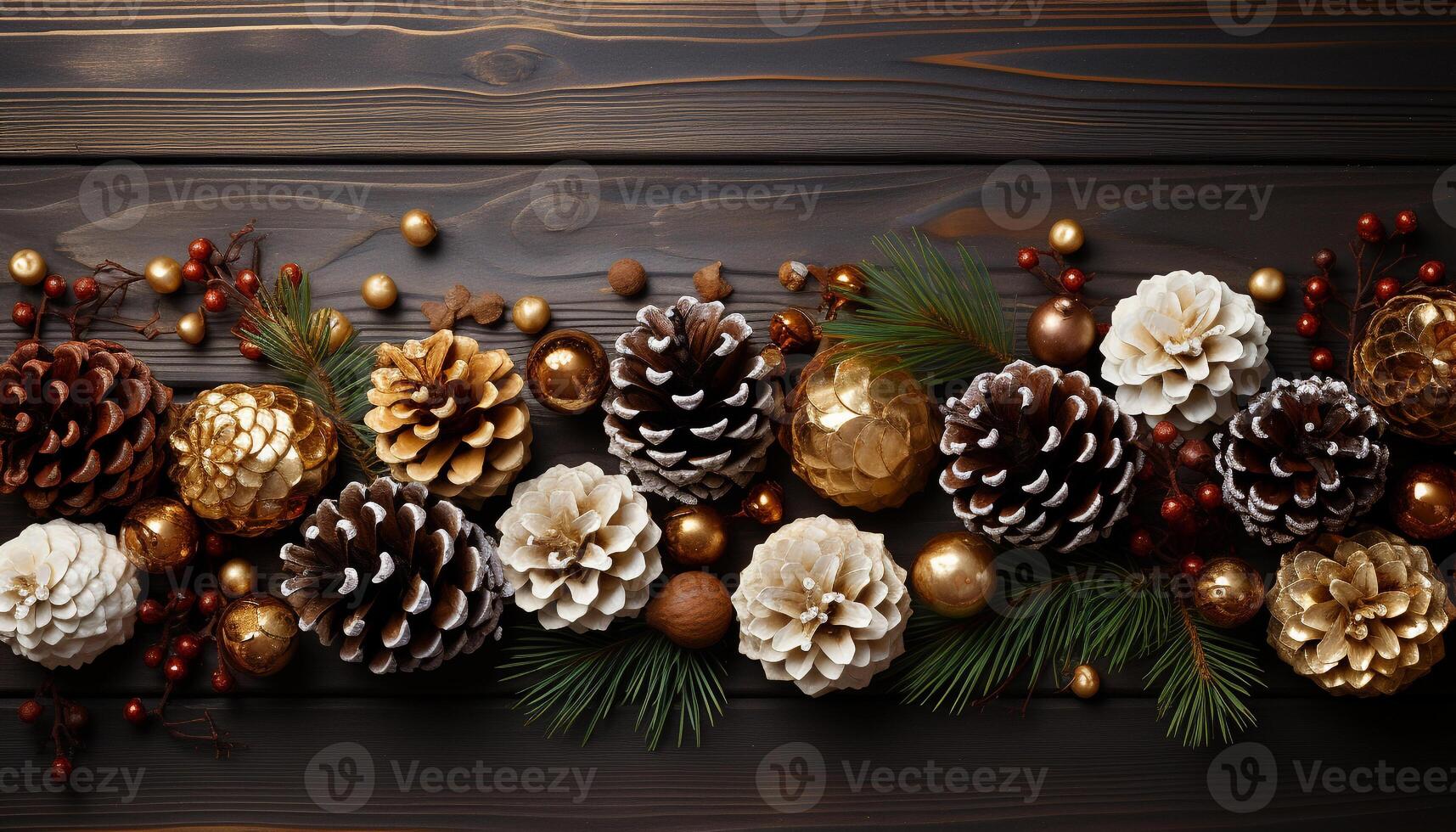 AI generated Abstract wood plank frame with shiny gold Christmas ornament decoration generated by AI photo