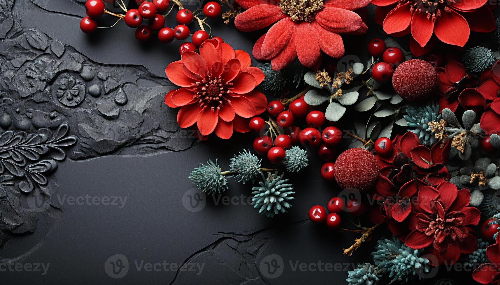 AI generated Abstract winter illustration with shiny multi colored Christmas ornaments and snowflakes generated by AI photo