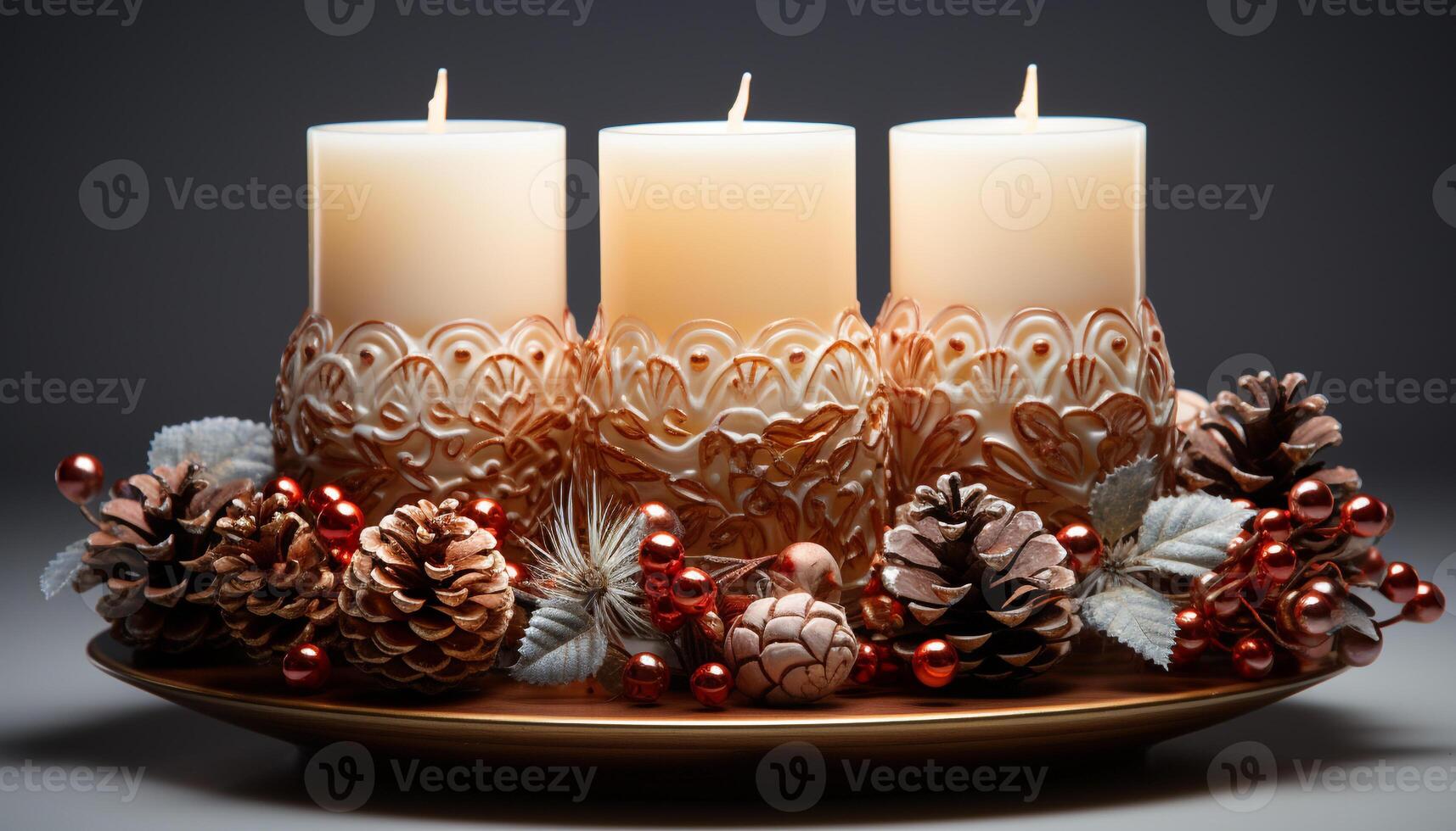 AI generated Glowing candle illuminates winter celebration, symbolizing warmth and romance generated by AI photo