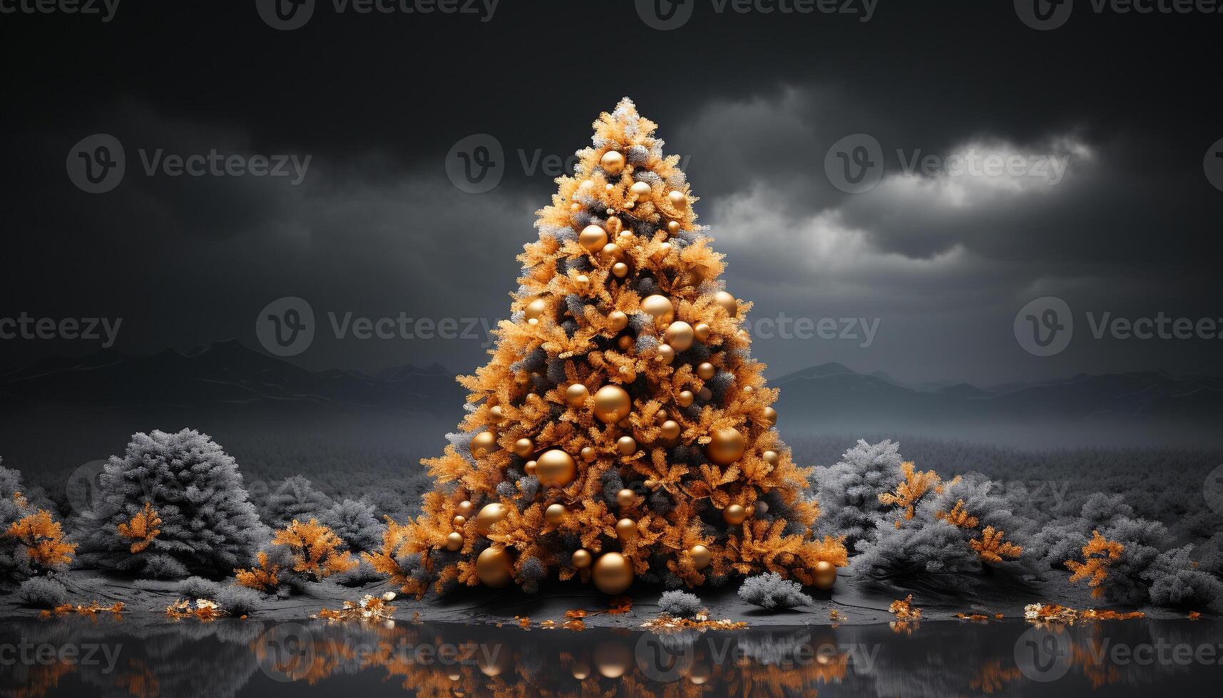 AI generated Winter celebration Christmas tree reflects on dark mountain landscape generated by AI photo