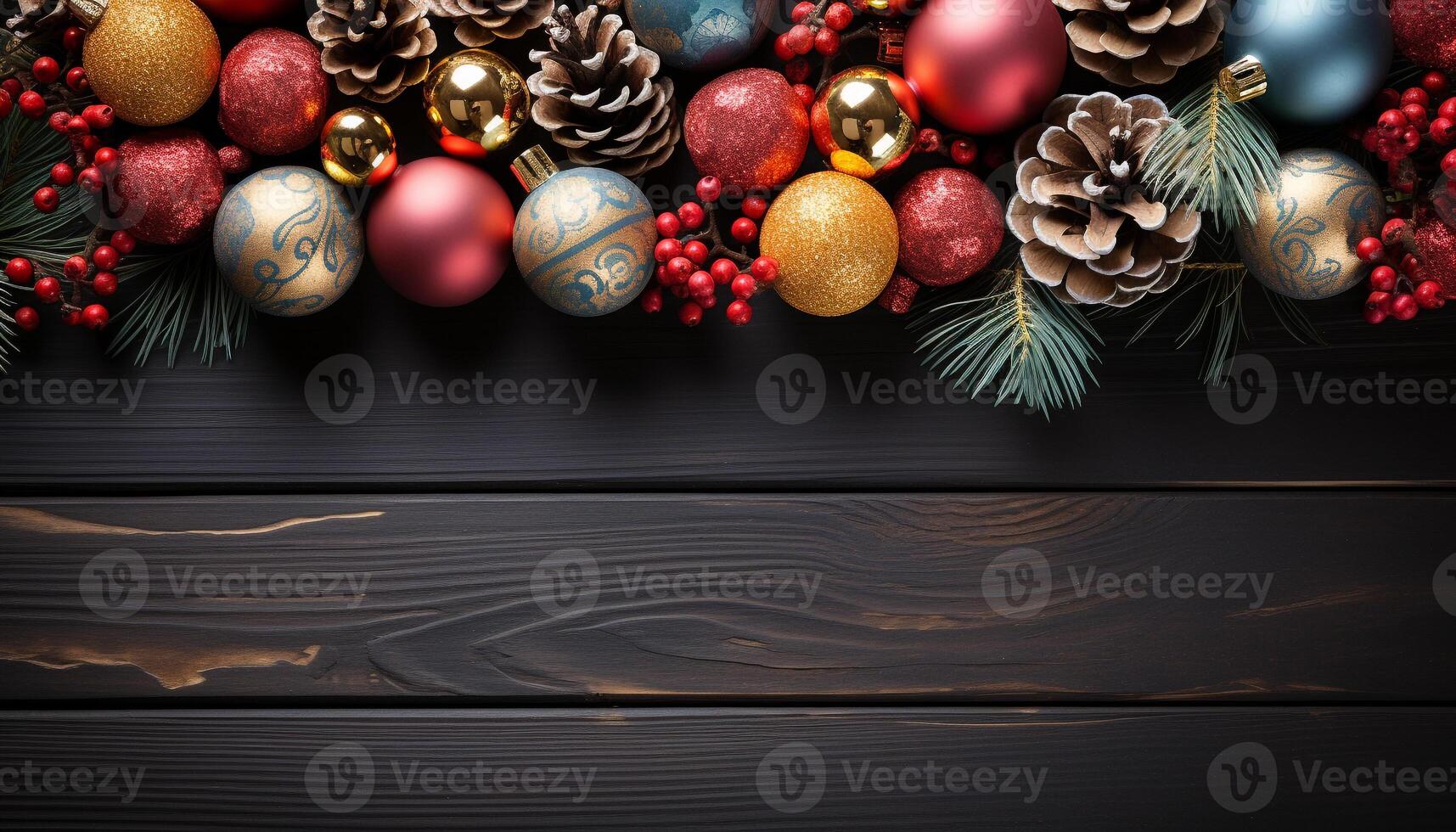 AI generated Winter celebration gift of nature, shiny ornament on rustic wood generated by AI photo