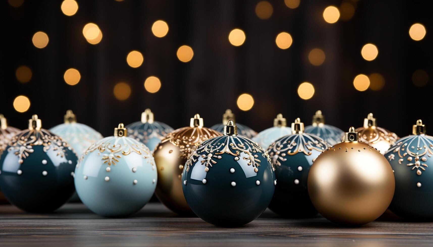 AI generated Shiny gold ornament glows, illuminating winter celebration with Christmas lights generated by AI photo