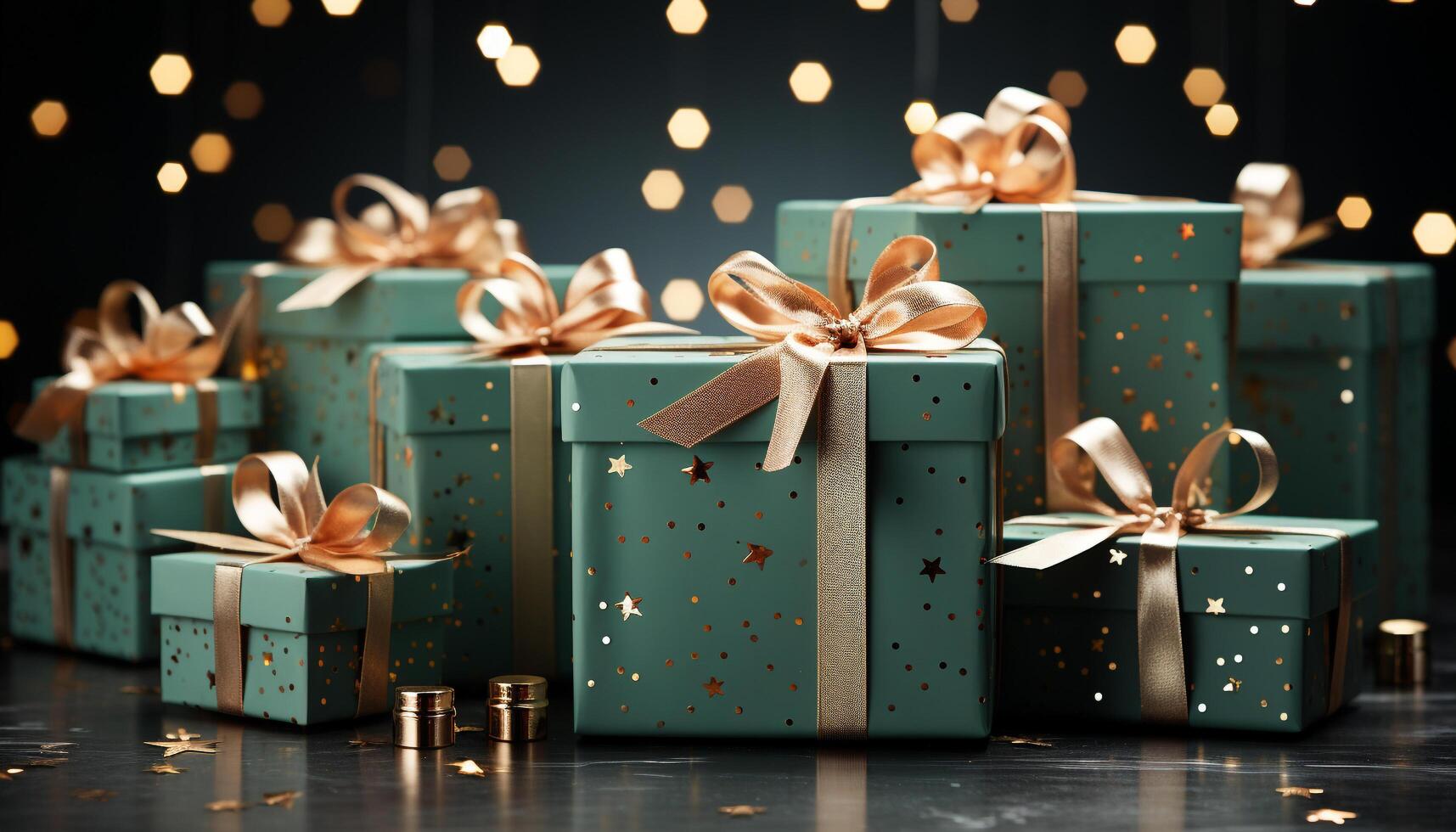 AI generated A shiny gift box wrapped in gold colored wrapping paper generated by AI photo
