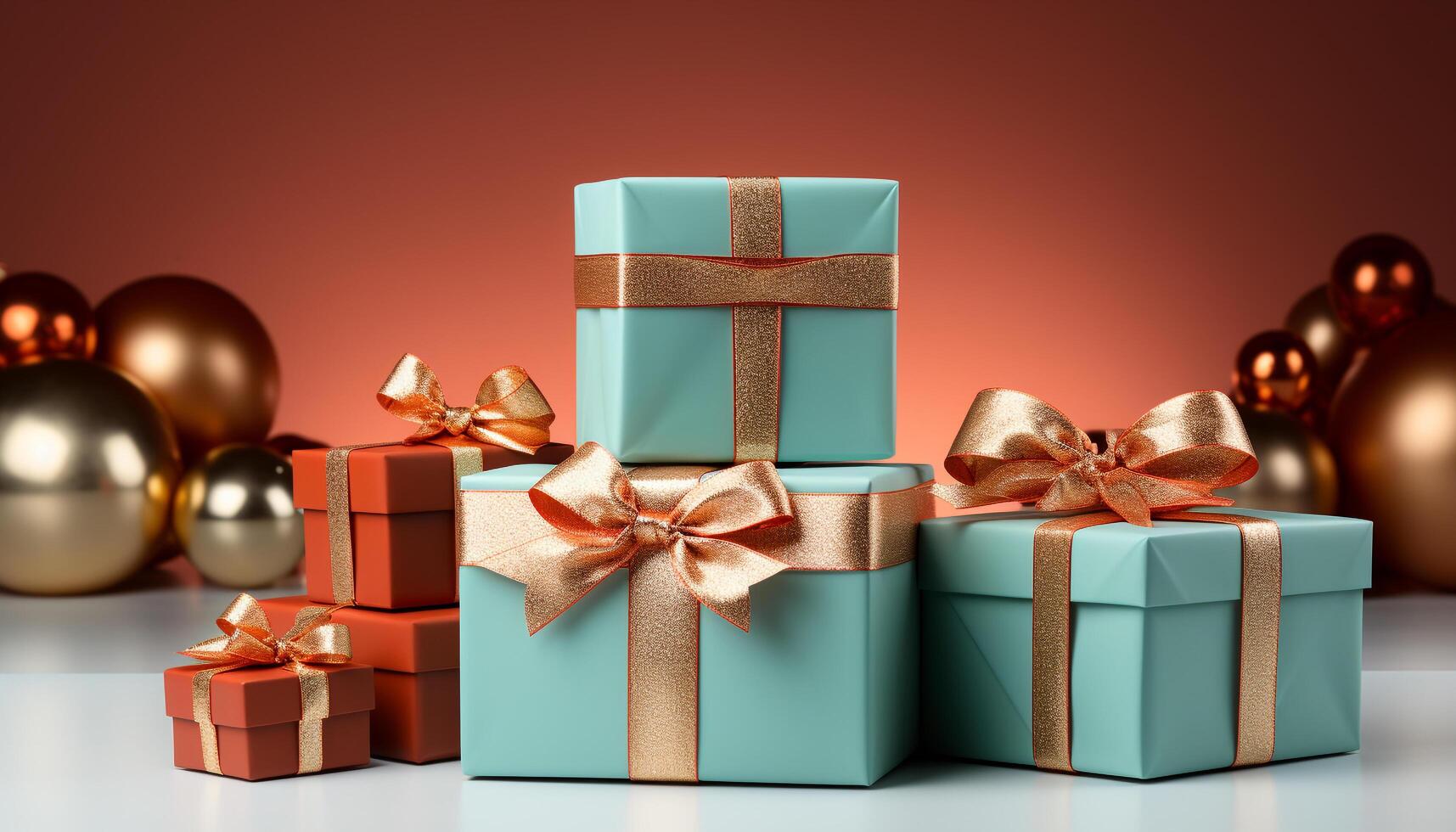 AI generated A shiny gold box wrapped in vibrant wrapping paper generated by AI photo