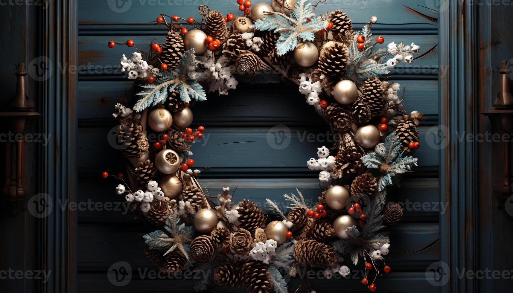 AI generated Winter celebration rustic wreath decorates modern home interior generated by AI photo