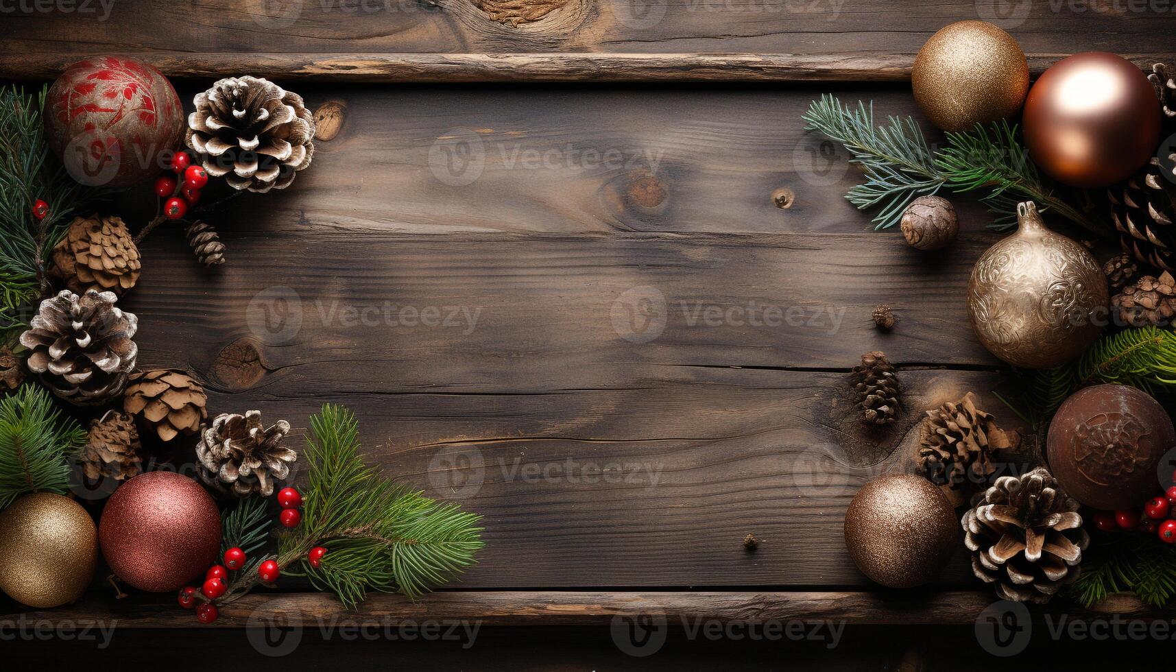 AI generated Wooden Christmas ornament on rustic table, surrounded by festive decorations generated by AI photo