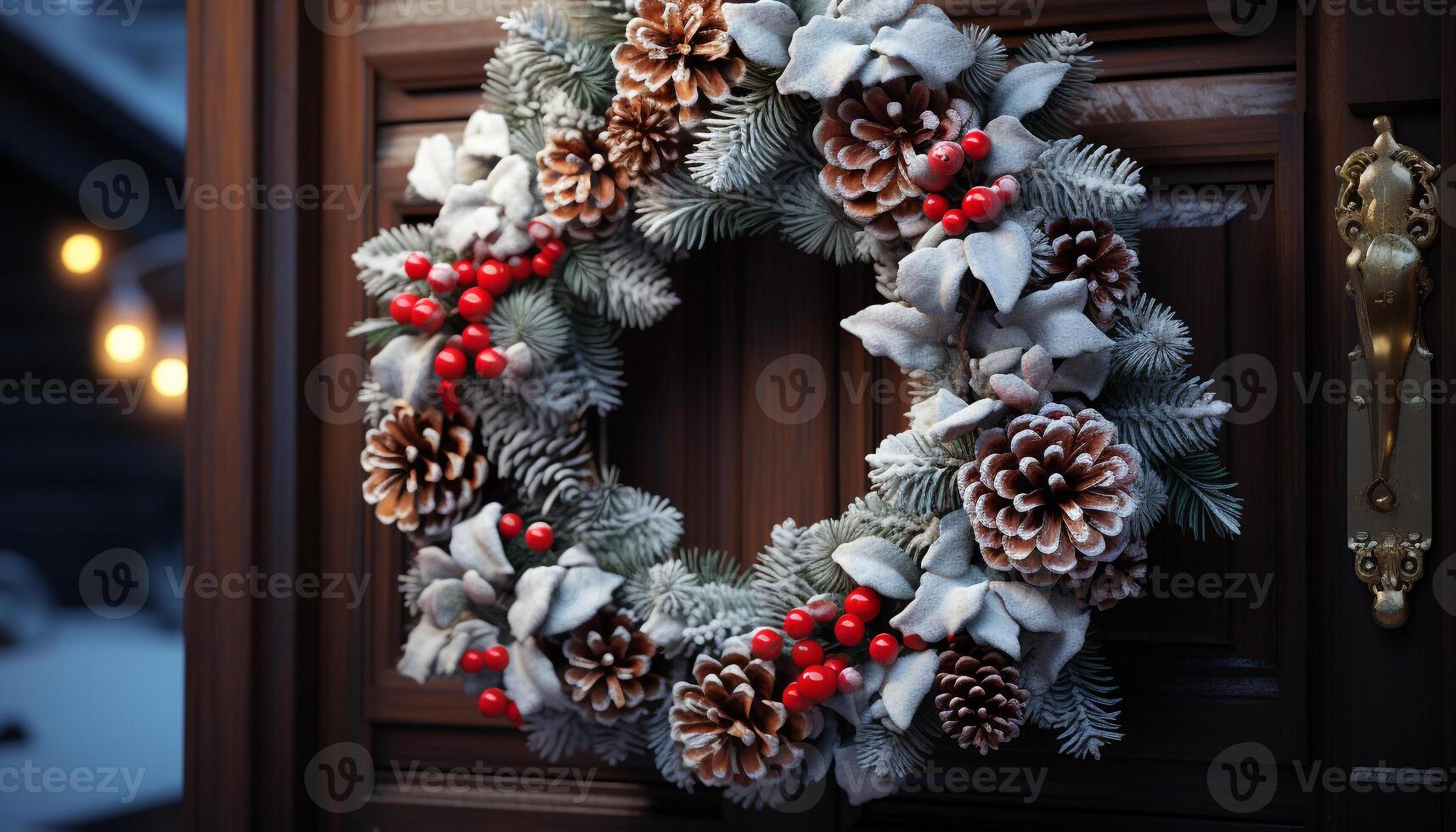 AI generated Winter celebration wreath, pine cone, Christmas decoration, snow, holly, ornament, coniferous tree, greeting, branch, snowflake generated by AI photo