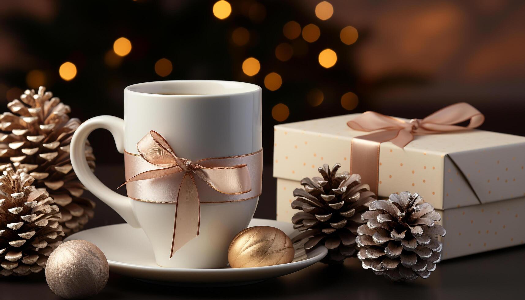 AI generated Christmas decoration, wrapped present, coffee cup, coniferous tree, shiny background generated by AI photo