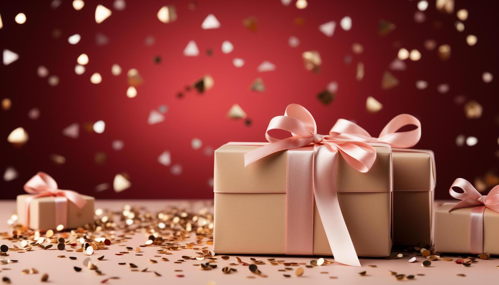 AI generated Birthday celebration with a gift box wrapped in gold paper generated by AI photo