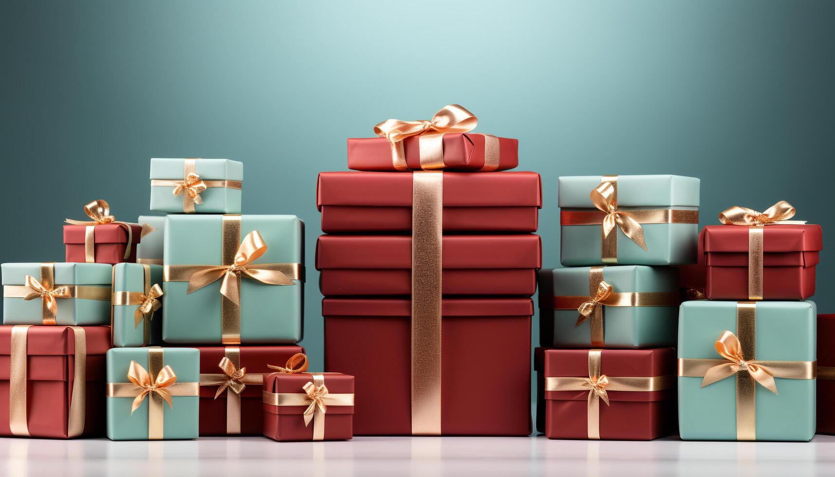 AI generated A large heap of wrapped gift boxes in shiny gold generated by AI photo