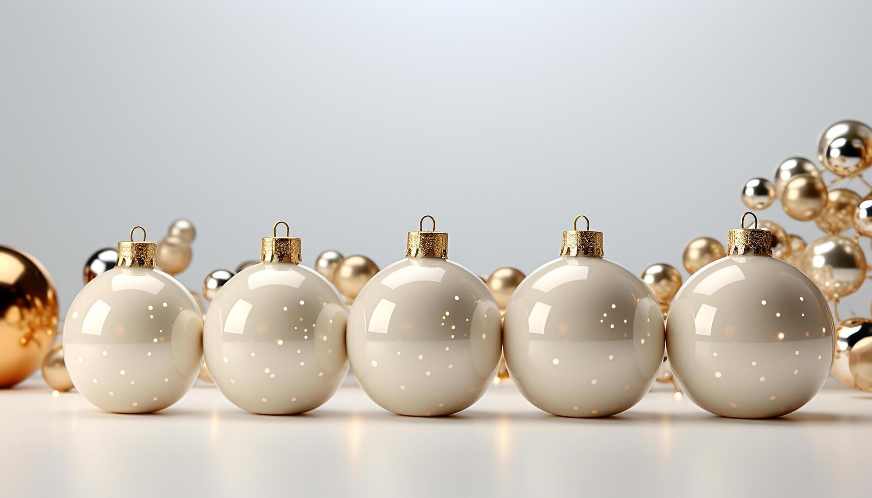 AI generated Christmas ornaments in a row, shiny gold balls decorating winter generated by AI photo