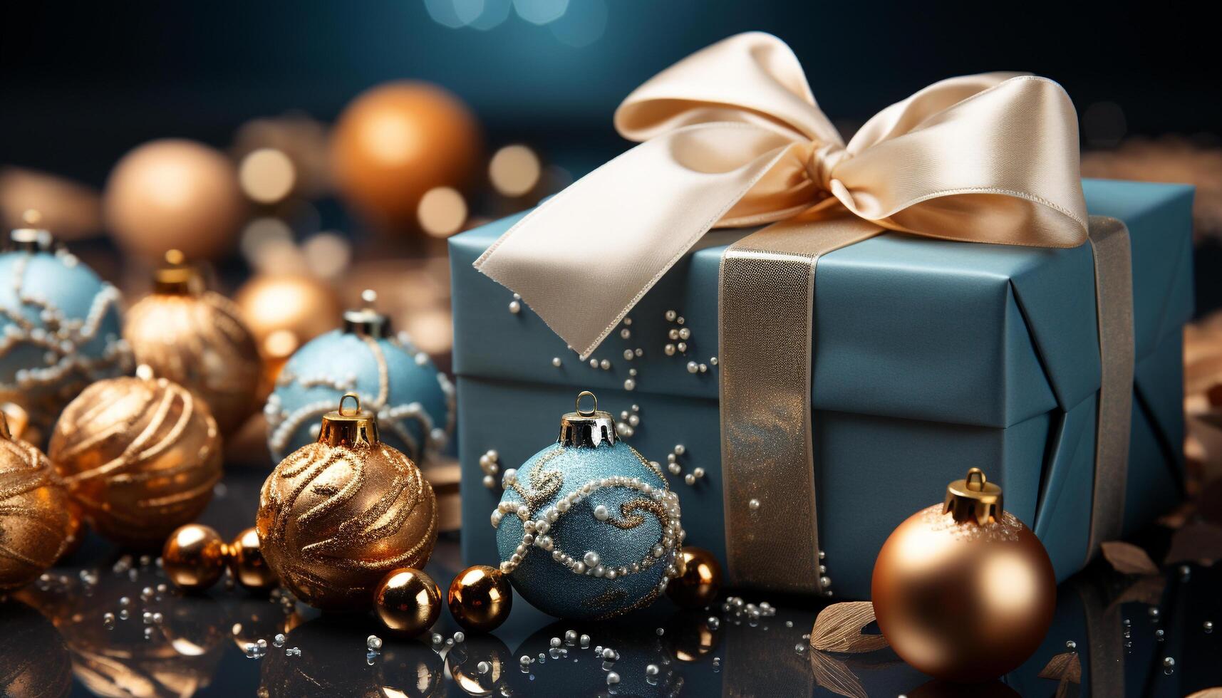 AI generated Joyful celebration with glowing gold ornaments, snowflake decorations, and gifts generated by AI photo