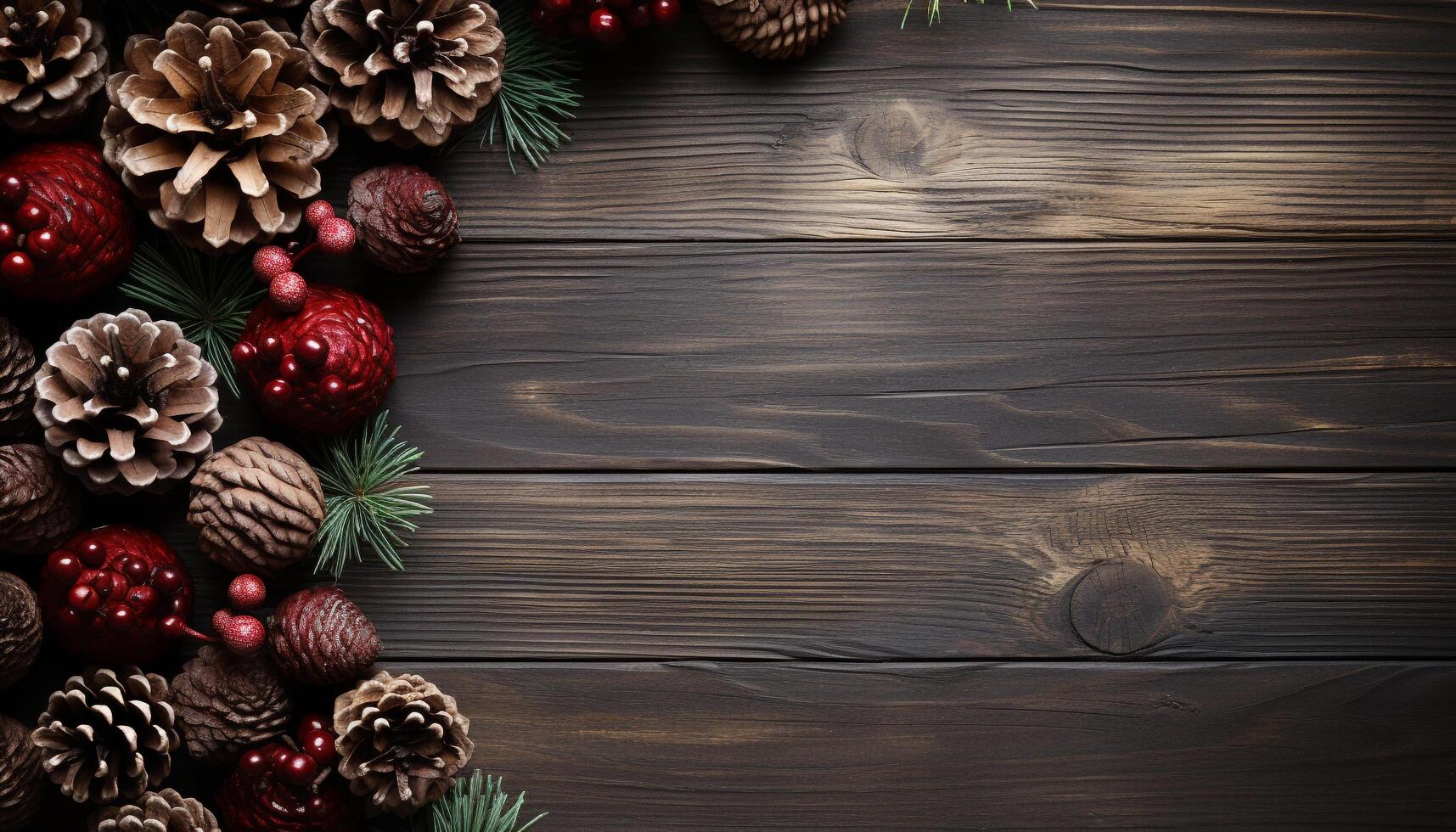 AI generated Rustic wood table with pine cone wreath, Christmas decoration generated by AI photo