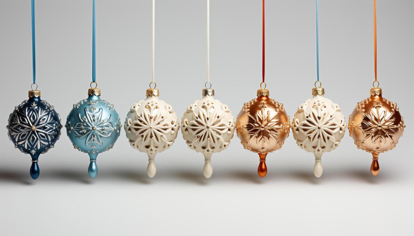 AI generated Christmas ornament hanging in a row, bright colors, white background generated by AI photo