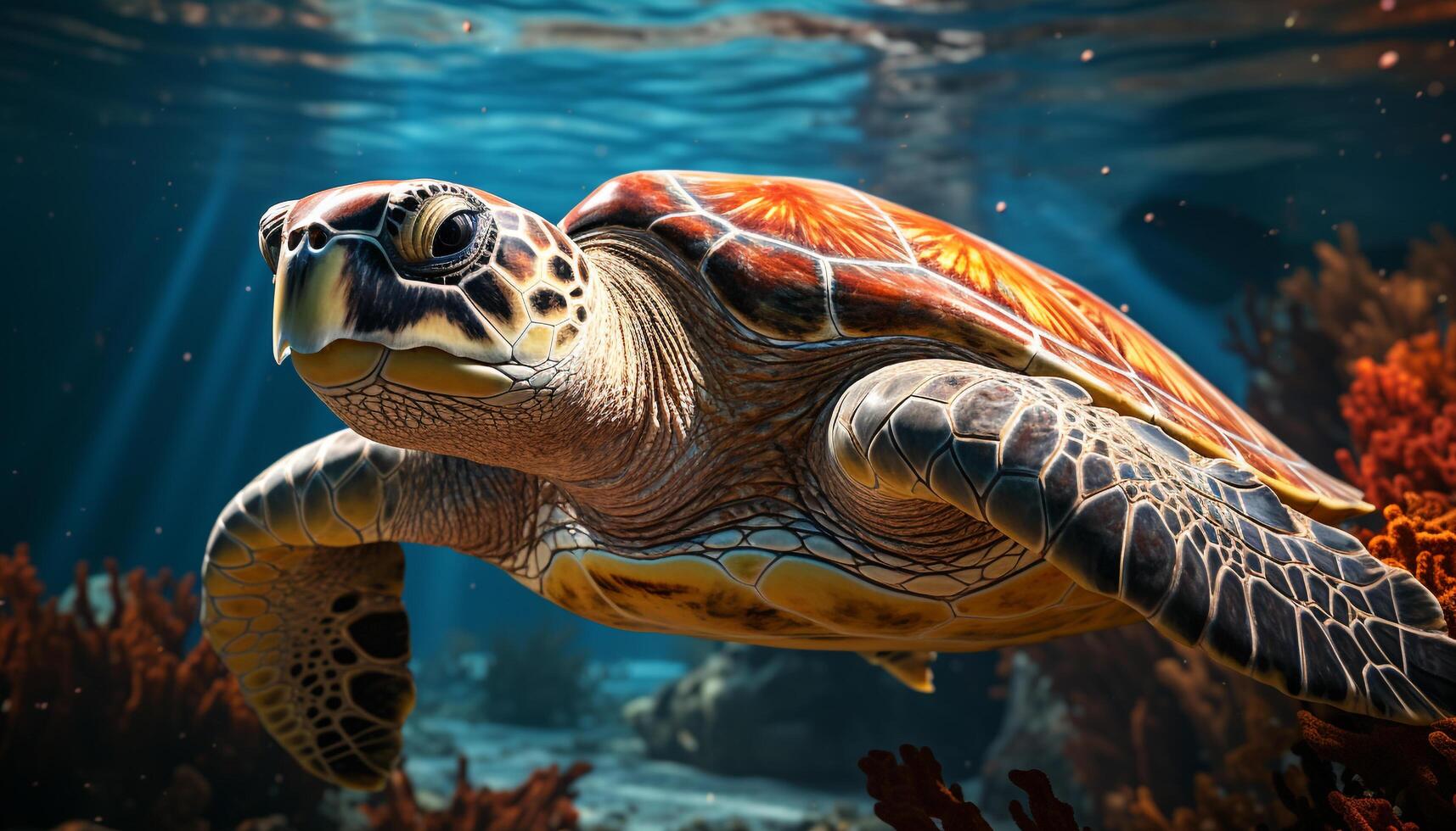 AI generated A slow sea turtle swimming in the blue underwater generated by AI photo