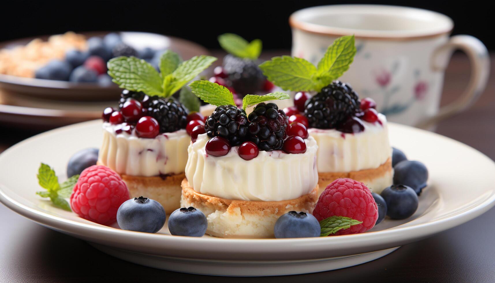 AI generated Fresh berry dessert on wooden plate with mint leaf decoration generated by AI photo