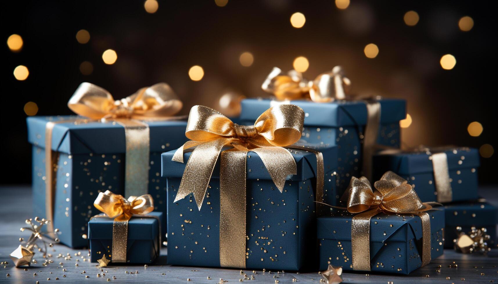 AI generated Gift box wrapped in gold paper, glowing on festive background generated by AI photo