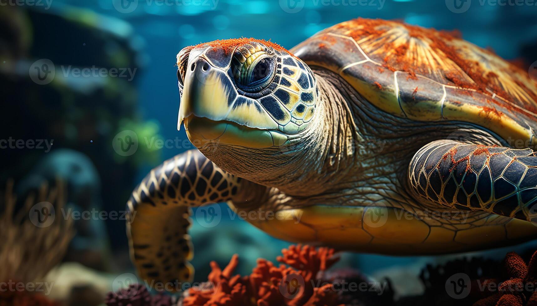 AI generated Close up of a beautiful green sea turtle swimming underwater generated by AI photo