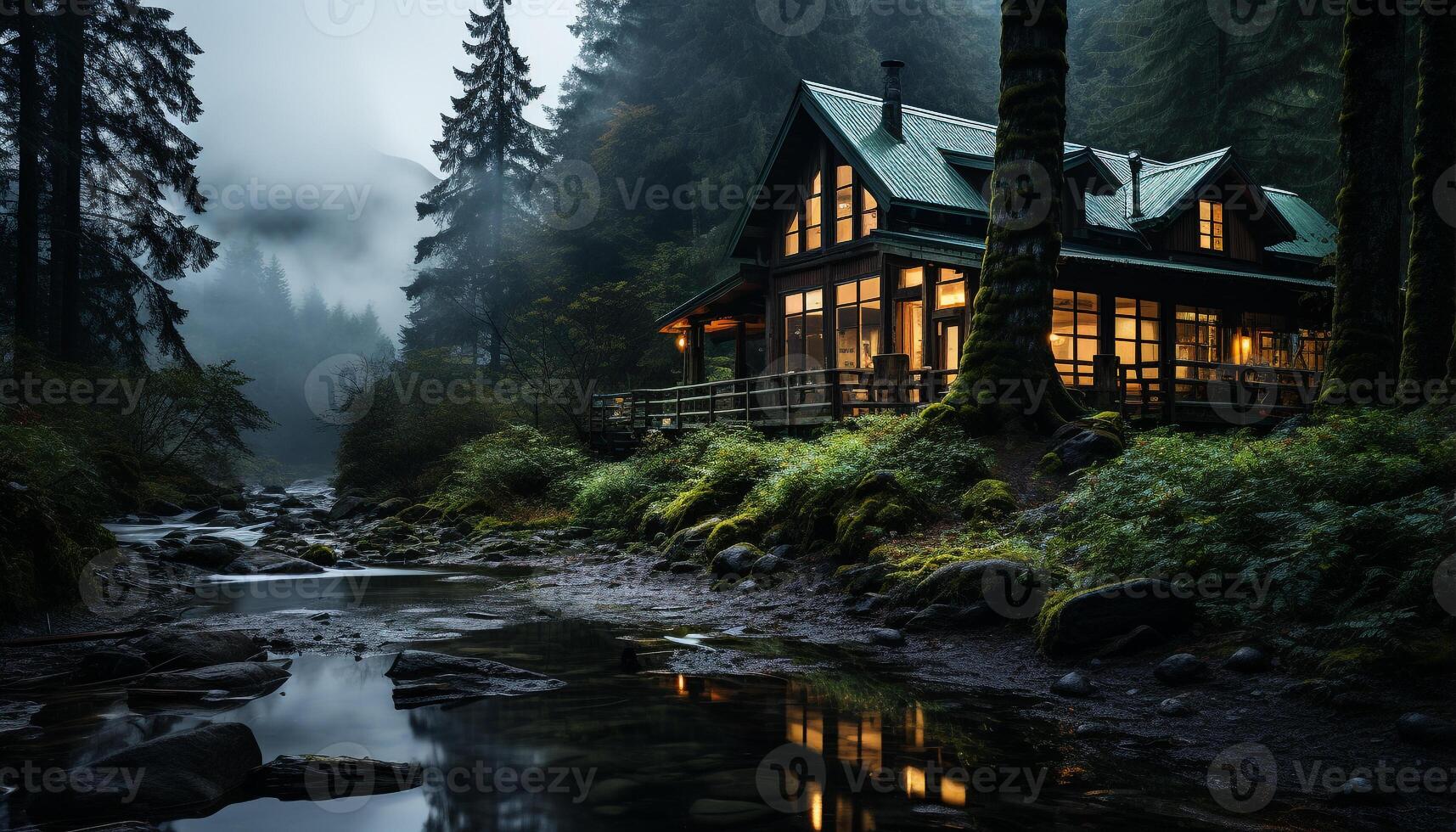 AI generated Tranquil forest landscape dark, mysterious, and full of beauty generated by AI photo