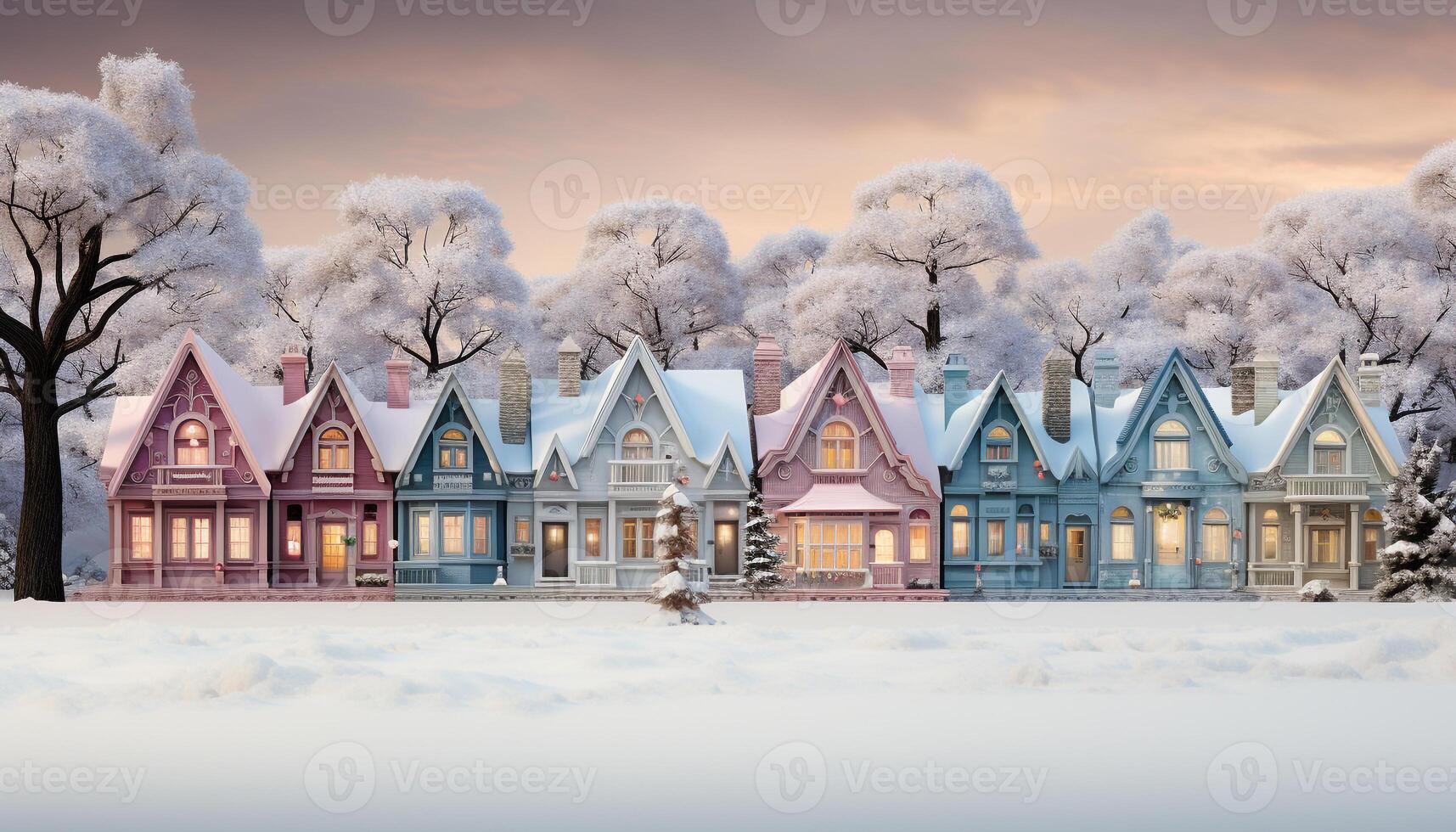 AI generated Winter landscape snow covered trees, frozen lake, cozy log cabin generated by AI photo