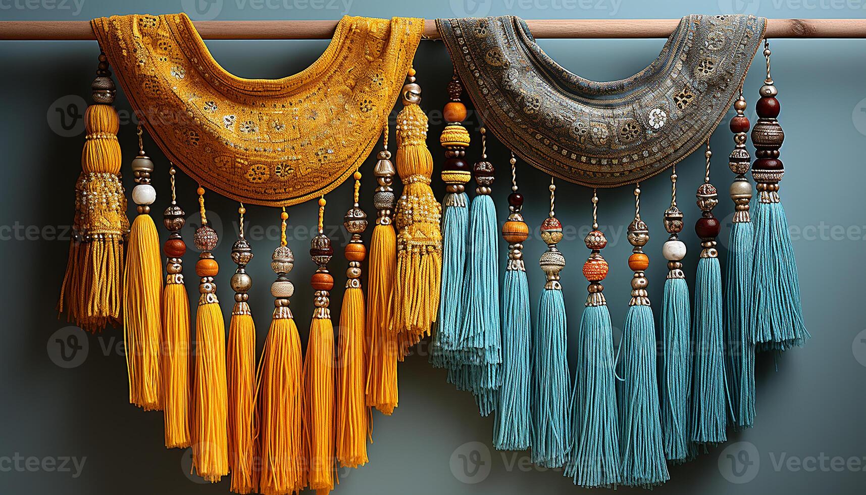 AI generated Indigenous cultures' elegance in fashion ornate bead patterns hanging generated by AI photo