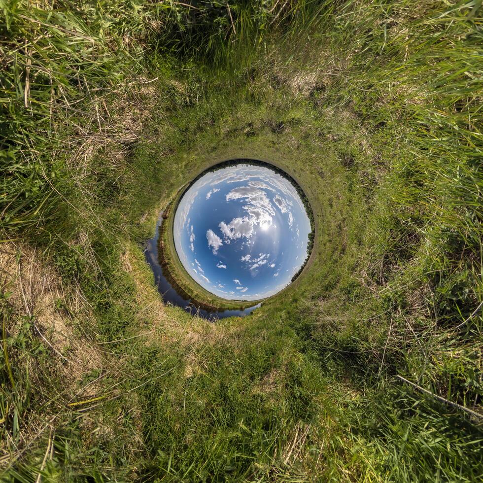 blue hole sphere little planet inside green grass round frame background photo