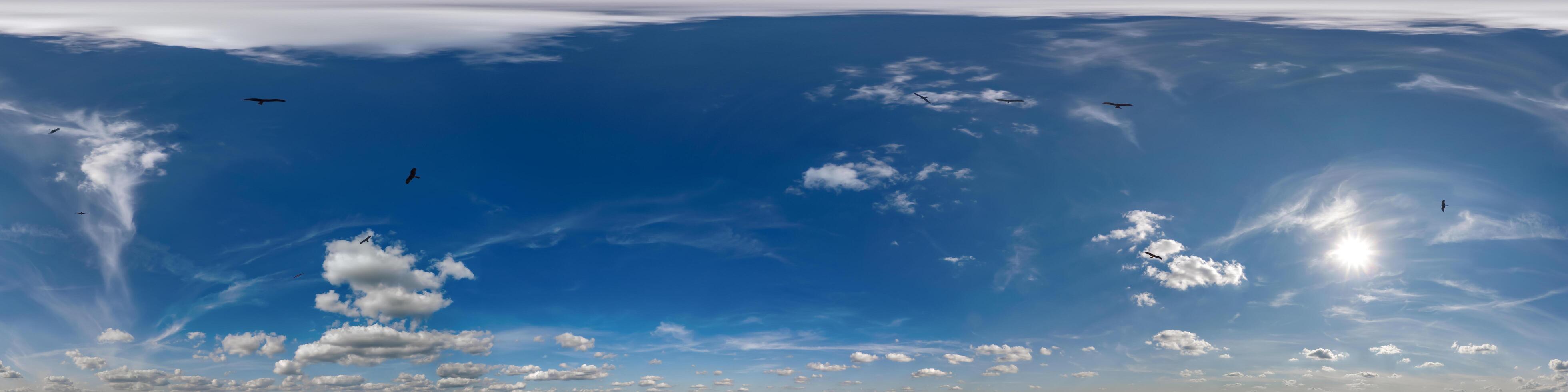 seamless blue sky hdri 360 panorama view flock of birds in clouds as skydome for edit drone shot or sky replacement photo