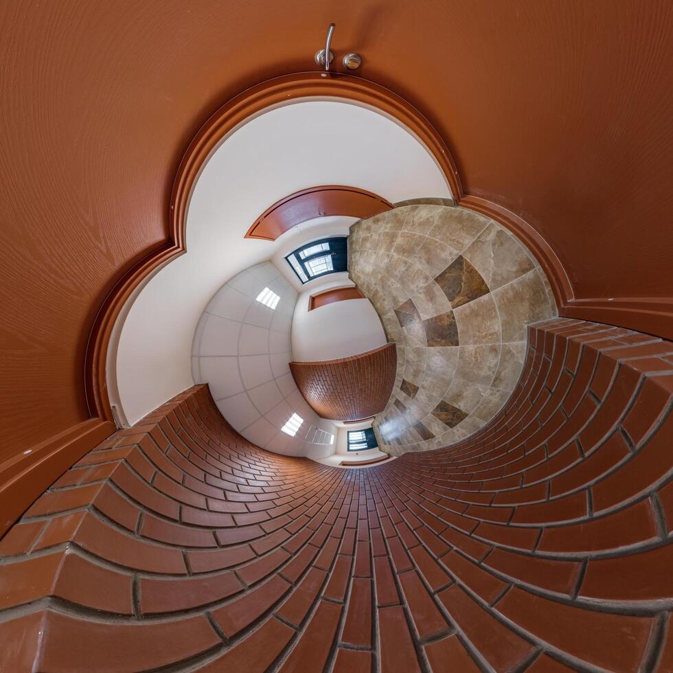 abstractamente retorcido dentro un esférico 360 panorama interior de un moderno oficina con un salón escalera y panorámico ventanas foto