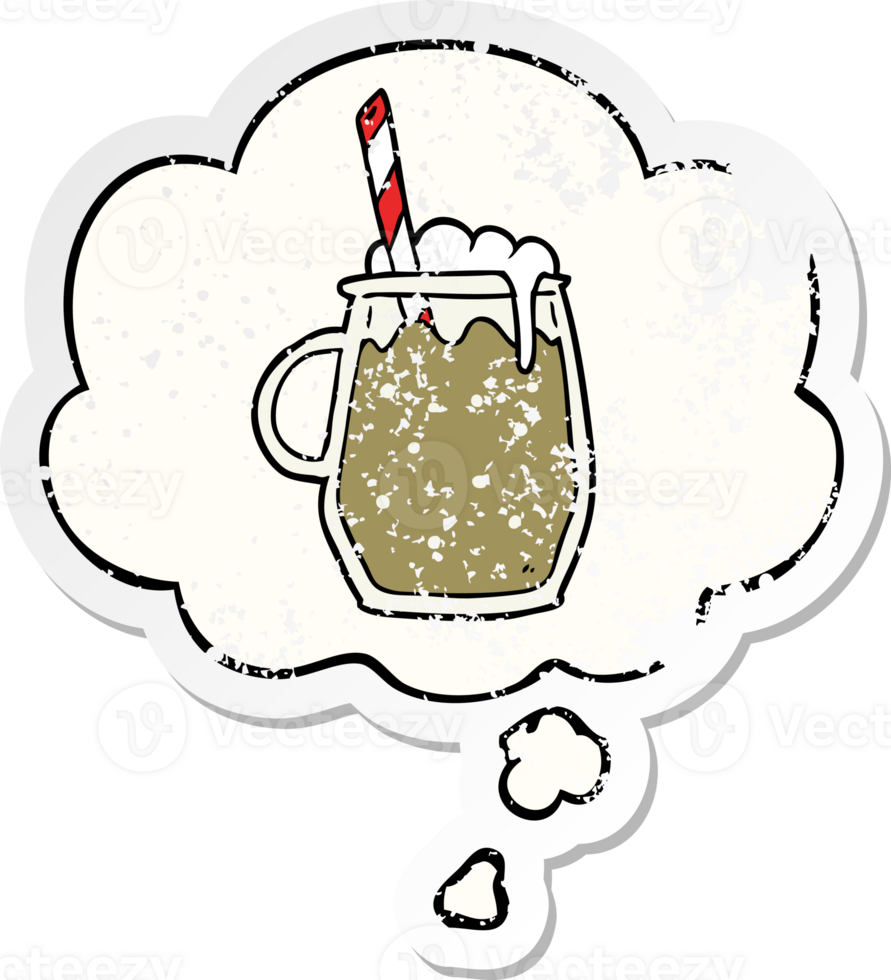cartoon root beer with thought bubble as a distressed worn sticker png