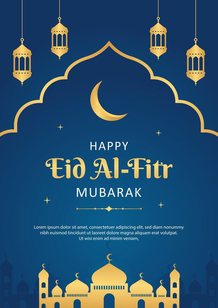 Eid Mubarak Islamic greeting template poster design with gold frame, mosque and lantern illustration. Eid vector background.
